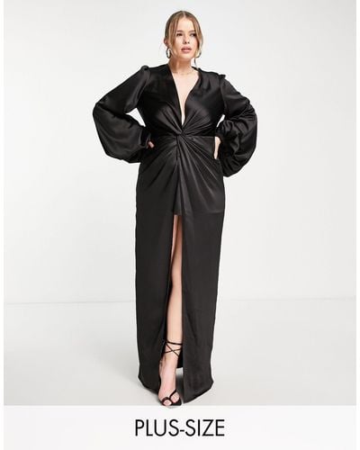 Yaura Twist Front Balloon Sleeve Maxi Dress - Black