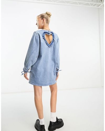 Native Youth Heart Cut-out Detail Mini Smock Dress - Blue