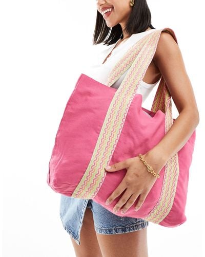 Accessorize Large Canvas Tote Bag With Contrast Strap - Pink