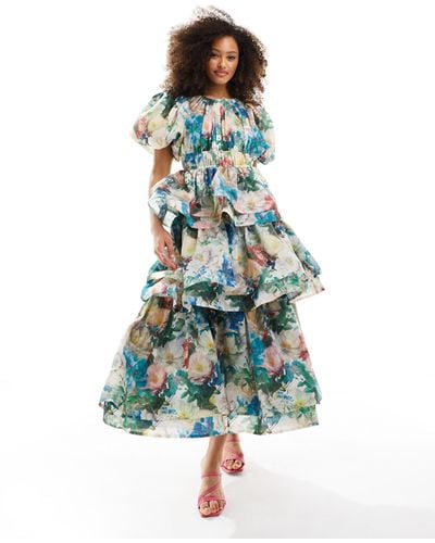 & Other Stories Midi Dress With Volume Sleeves And Ruffles - Blue