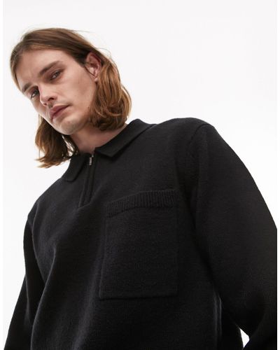 TOPMAN Knitted Zip Polo - Black
