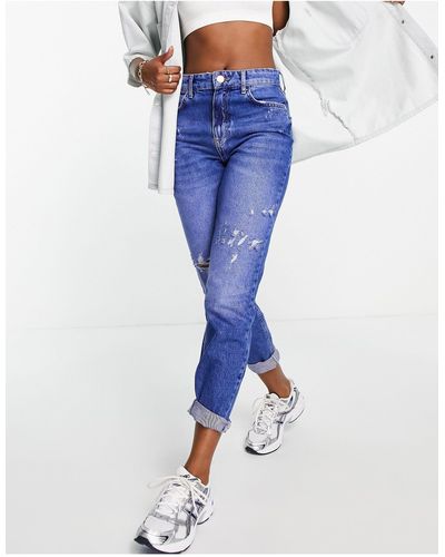 River Island High Rise Mom Jeans With Rips - Blue
