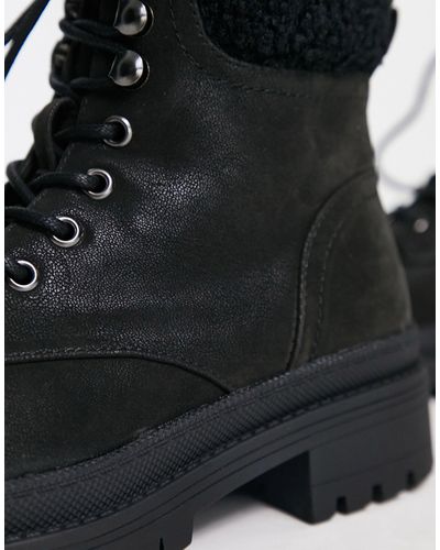New Look Flat Chunky Lace Up Boot With Gold Rim in Black | Lyst Canada