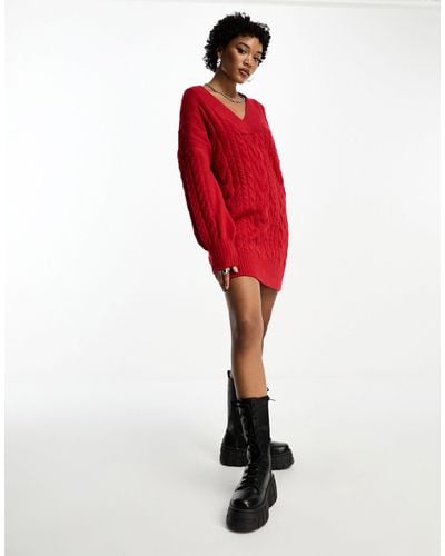 Brave Soul Lizzy V Neck Cable Knit Jumper Dress - Red