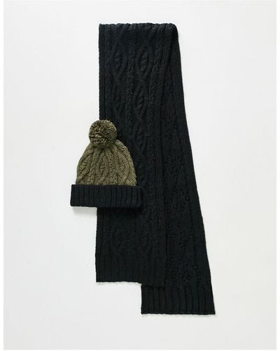 French Connection Two-tone Cable Knit Hat And Scarf Set - Black