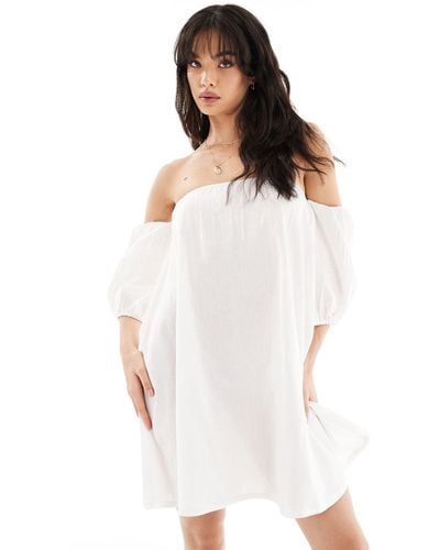 esmé studios Esmee Off Shoulder Mini Puff Long Sleeve Beach Dress - White