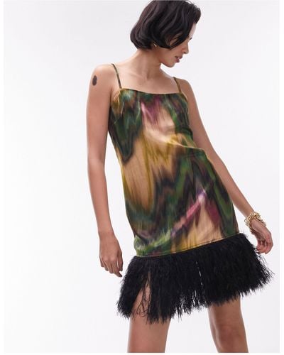 TOPSHOP Printed Mini Slip With Faux Feather Trim Detail - Green
