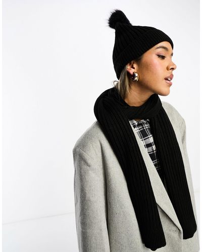 French Connection Rib Knit Bobble Hat And Scarf Set - Black