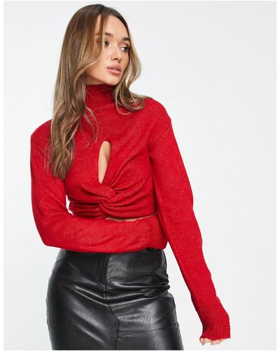 ASOS High Neck Knitted Top With Twist Front Detail - Red