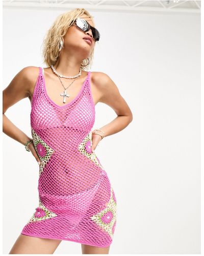 Reclaimed (vintage) Limited Edition Summer Crochet Festival Mini Dress - Pink