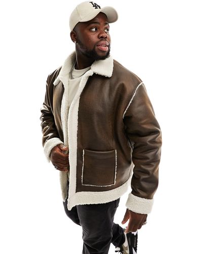 ASOS Oversized Shearling Lined Aviator Jacket - Brown