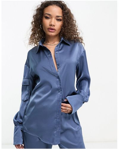 I Saw It First Satin Exclusive Oversized Utility Shirt - Blue