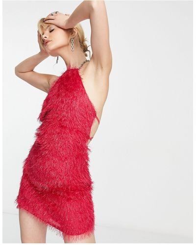 Amy Lynn Faux Feather Halterneck Mini Dress - Red