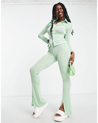 Daisy Street Slinky High Waist Trousers With Split Hem - Green