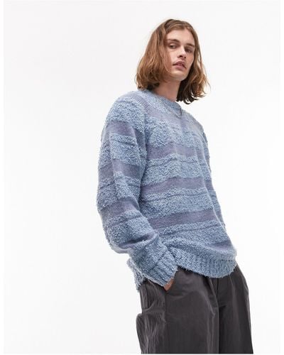 TOPMAN Drop Stitch Stripe Boucle Sweater - Blue