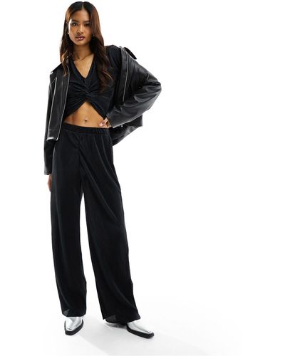 Pieces Plisse High Waisted Wide Leg Trousers - Black