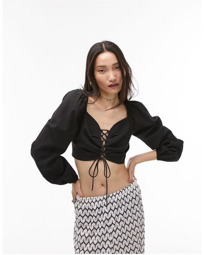 TOPSHOP Lace Up Long Sleeve Top - White