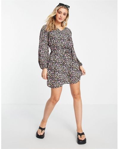 Pieces Long Sleeve Tiered Smock Mini Dress - Multicolour