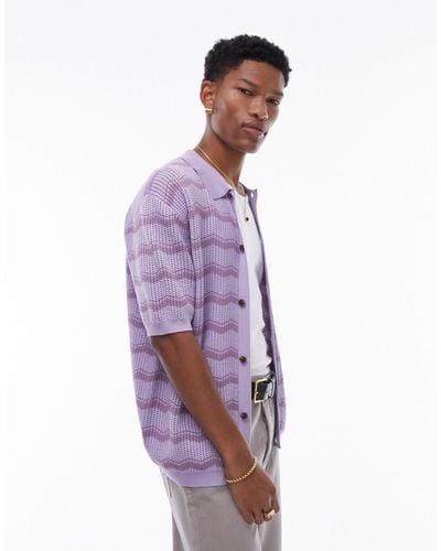 TOPMAN Knitted Geometric Stripe Button Through - Purple