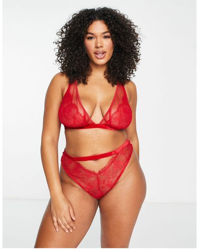 ASOS Asos Design Curve Viv Lace And Mesh High Waisted Brazilian Brief With Velvet Trim - Red