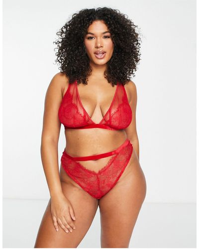 ASOS Asos design curve - viv - culotte brésilienne à taille haute en dentelle et tulle avec bordures en velours - Rouge