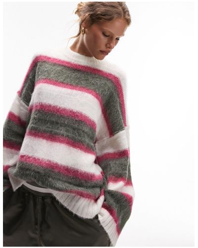 TOPSHOP Knitted Fluffy Mixed Stripe Jumper With Exposed Seams - Pink
