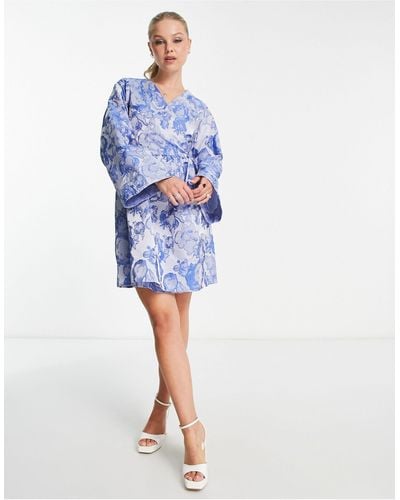 Pieces Premium Kimono Sleeve Wrap Mini Dress - Blue