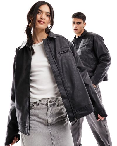 Reclaimed (vintage) Unisex Zip Front Washed Leather Look Motor Jacket - Black