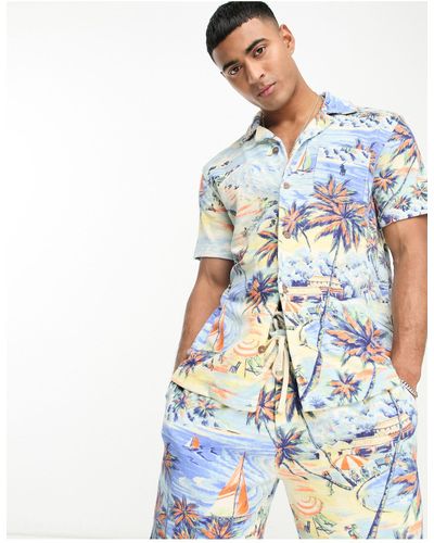 Polo Ralph Lauren Overhemd Van Badstof Met Reverskraag, Korte Mouwen En Hawaiiaanse Print - Wit
