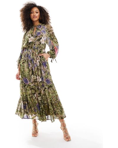 & Other Stories Drapey Midaxi Dress With Ruche Tie Volume Sleeves And Tiered Hem - Multicolour