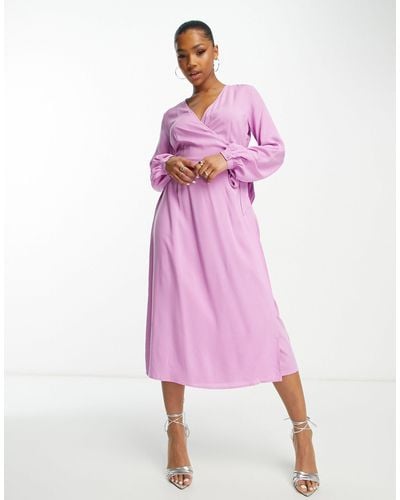 Y.A.S Selma Long Sleeve V Neck Wrap Midi Dress - Pink