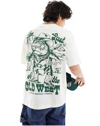 Bershka T-shirt écru con stampa old west sulla schiena - Bianco