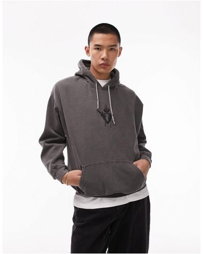 TOPMAN Oversized Fit Hoodie With Sacred Heart Tattoo - Gray