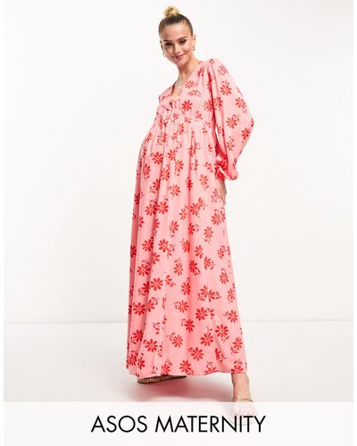 ASOS Asos Design Maternity - Viscose Midi-jurk Met V-hals, Lange Mouwen, Gestrikte Voorkant En Bloemenprint - Roze