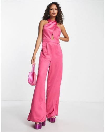 In The Style Halter Neck Cut Out Waist Wide Leg Jumpsuit - Pink