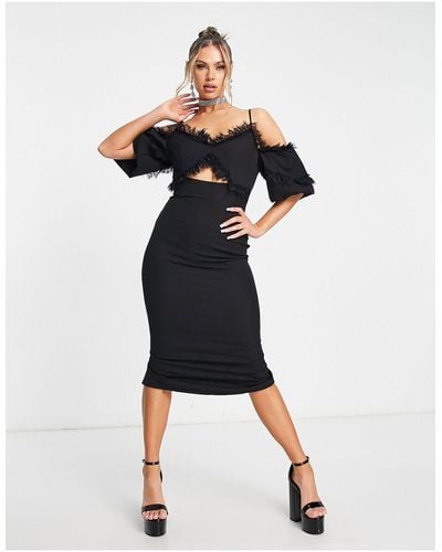 Trendyol Fitted Midi Dress With Ruffle Detail - Black