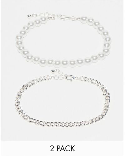 Jack & Jones 2 Pack Plated Chain And Pearl Bracelet - White