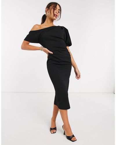 ASOS One Shoulder Midi Dress With Puff Sleeve - Black