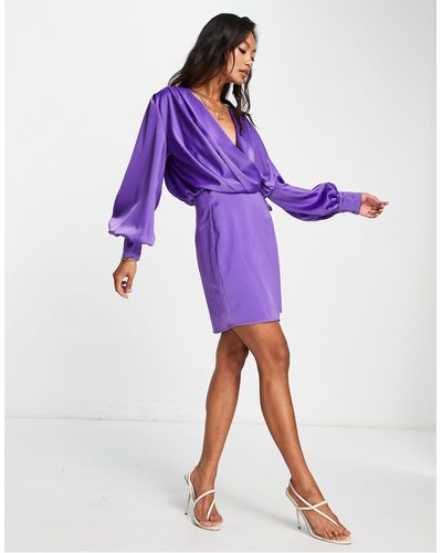 ASOS Satin Wrap Mini Dress With Tie Detail - Purple