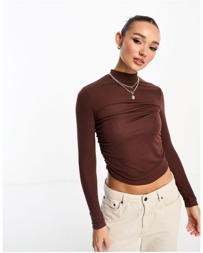 Stradivarius High Neck Ruched Side Top - Brown
