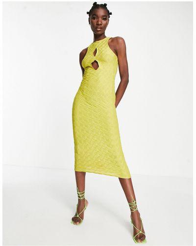 ASOS Textured Midi Dress With Front Cut Outs - Yellow