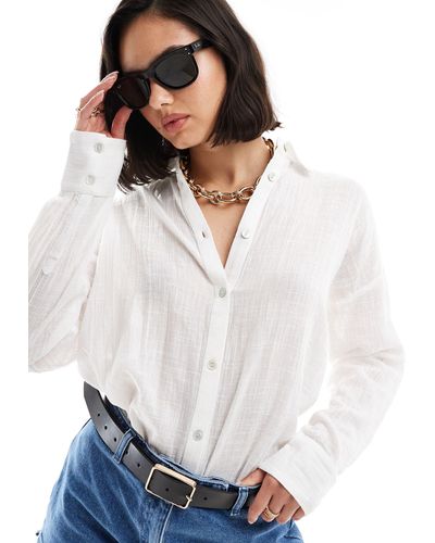 Pull&Bear Oversized Long Sleeve Linen Shirt - White