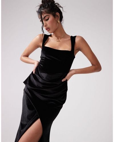 ASOS Velvet Plunge Square Neck Midi Dress With Draped Skirt - Black