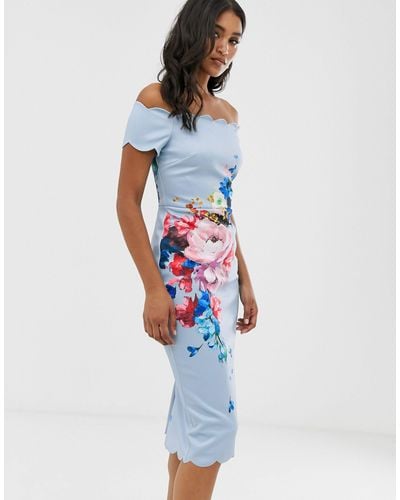 Ted Baker Raspberry Ripple Bardot Floral Off-the-shoulder Short-sleeve Scallop Dress - Blue