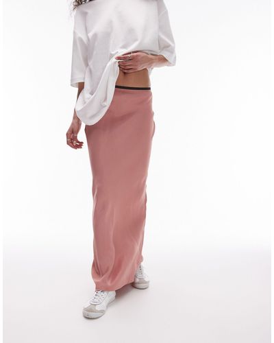 TOPSHOP Satin Maxi Bias Skirt With Elastic Trim - Pink