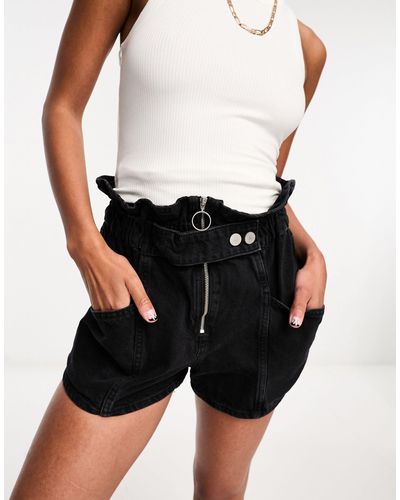 River Island Paperbag Denim Shorts With Seam Detail - Black