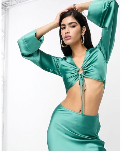 ASOS Long Sleeve Satin Top With Keyhole Detail Co-ord - Green
