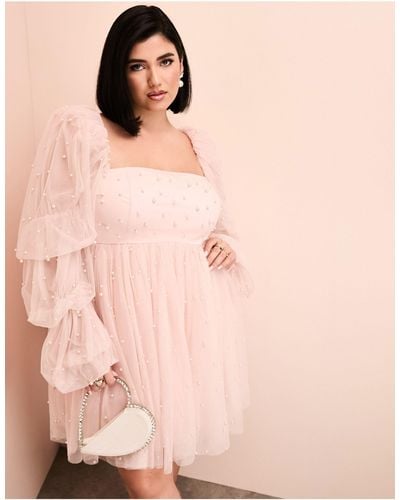 ASOS Curve Tulle Baby Doll Dress With Pearl Embellishment - Pink
