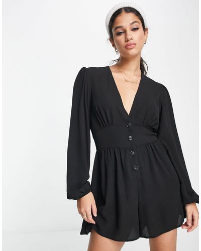 ASOS Crepe Plunge Neck Playsuit With Puff Sleeve - Black