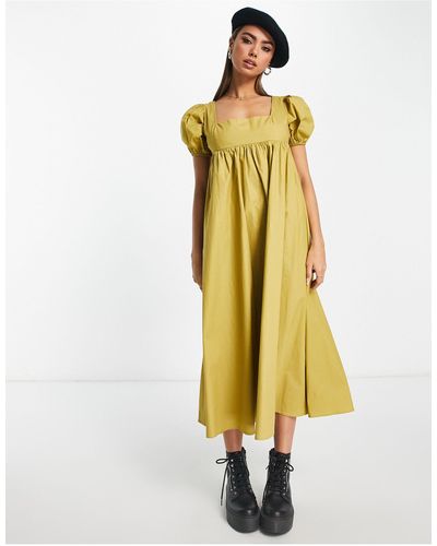 Glamorous Vestido midi caqui oliva amplio con escote cuadrado y mangas abullonadas - Metálico